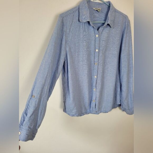 Orvis Linen Blend Button Up Blouse Top Cornflower Blue Summer Lightweight Large - Picture 6 of 9